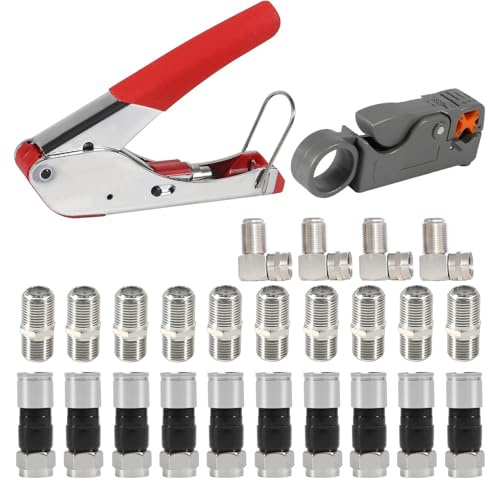 ALMOCN Coaxial Cable Crimping Tool Kit Coax Cable Crimper Tool + 10PCS RG6 Compression Connectors + 10PCS Coaxial Cable Extension Adapter with 4PCS RG6 F Type Female to Male Adapter