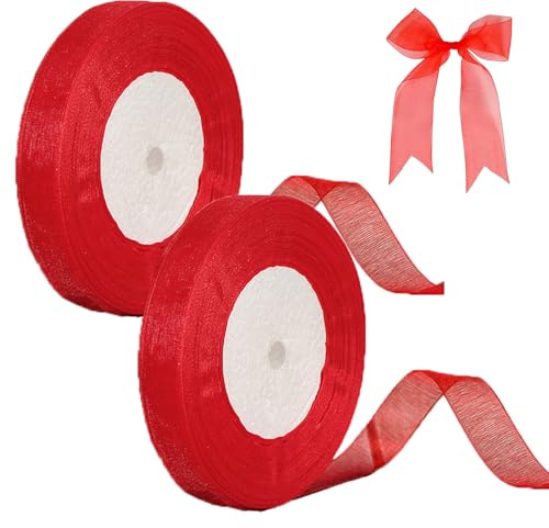 Klart chiffongband, 2 rullar organza-band, rött chiffongband, 20 mm x 45 m varje presentband för presentförpackning, festdekorationer