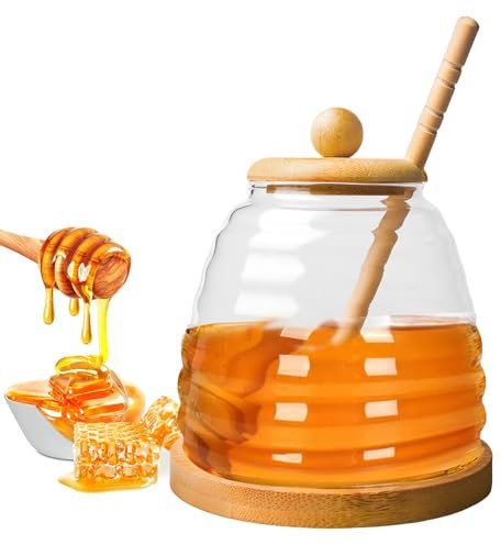 BORDEAG Vaso per miele con cucchiaio, 500 ml, dispenser per miele, bicchieri da miele con cucchiaio, bicchiere di miele con cucchiaio di miele, bicchiere di miele con mestolo e coperchio, in vetro