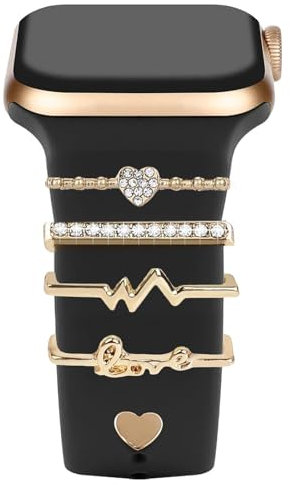 agogue 5 ciondoli per orologio, colore oro, con anelli decorativi in metallo, compatibili con cinturino in silicone, adatti per la maggior parte dei cinturini intelligenti, Eine Grösse, Sintesi