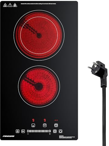FIREGAS Piano Cottura in Vetroceramica 2 Fuochi da Incasso, 3400W, Touch Control, 9 Livelli di Potenza, Timer 1-99 Min, Spegnimento Automatico e Blocco Bambini, con Spina
