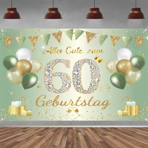 60. Geburtstag Banner Frauen Männer Deko Salbeigrüne 60 Geburtstag Hintergrund Banner, Extra Große Stoff Schild Poster für 60 Geburtstag Party Deko, 210x150 cm