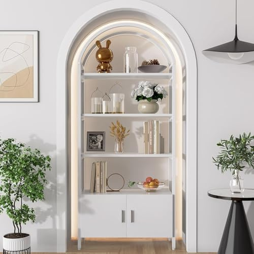 Feonase Arched Book Shelf, Bookcase with Doors Storage, 180cm Tall Bookshelf with Sturdy Metal Frame, E1 Quality Boards, Freestanding Display Shelving Unit Living Room, White