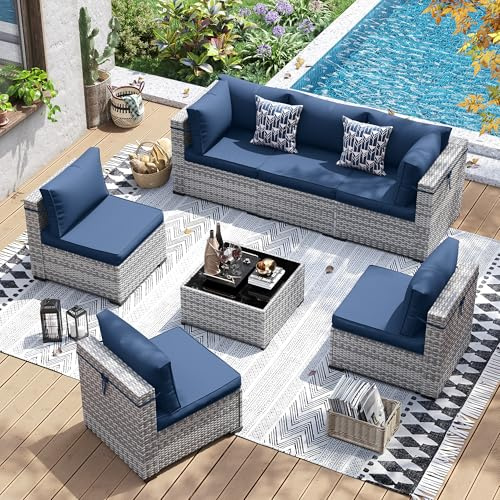 UDPATIO Patio Furniture Set, 7 Pieces PE Wicker Sectional Sofa with Tea Table, Outdoor Conversation Set for Patio, Garden, Backyard (Blue Cushions with Grey Rattan)