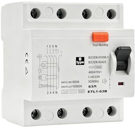 Disjoncteur différentiel 30mA 63A Type B disjoncteur 63A 4P 10kA RCCB AC 415V interrupteur différentiel Adapté aux systèmes photovoltaïques bornes de recharge et équipements industriels ETL1-63B
