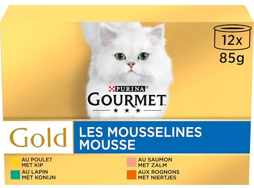 GOURMET | Gold | Chat | Les Mousselines | Aliment Complet pour Chat Adulte | Lapin, Poulet, Saumon, Rognons | Boite | Lot de 8 (12x 85 g)