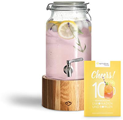 SPRINGLANE Glas Getränkespender 3,8 L Greta mit Edelstahl-Zapfhahn & Ständer aus Eichenholz, Limonaden-Spender, Vintage Design Mason Jar