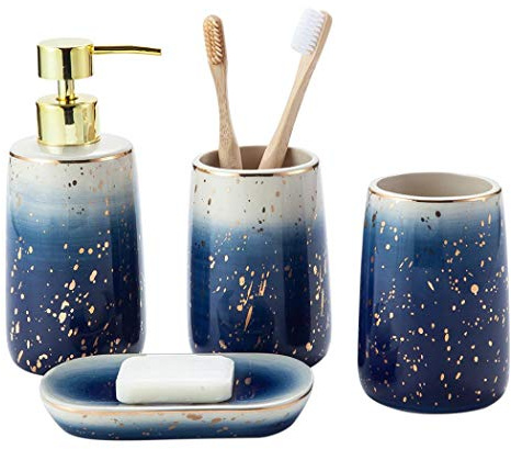 Ceramics Bathroom Accessories Set, 4 Piece Marble Bathroom Countertop Accessory Set Home Decor Accessories with Soap Dispenser, Toothbrush Holder, Bathroom Tumbler, Soap Dish