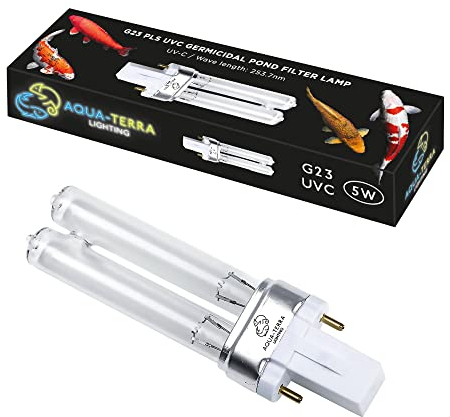 Aqua-Terra Lighting Bombilla de filtro de estanque de 5 W, UVC ultra violeta para filtros y clarificadores, base de lámpara germicida G23 de 2 pines PLS para reemplazar bombillas UV en filtros de