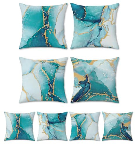 Bonhause 4er Set Kissenbezüge Türkis Marmor 40 x 40 cm Doppelseitig Blaugrüne Gold Abstrakt Kunst Moderne Samt Soft Dekorative Kissenhülle Zierkissenbezüge für Sofa Wohnzimmer Zuhause Dekoration