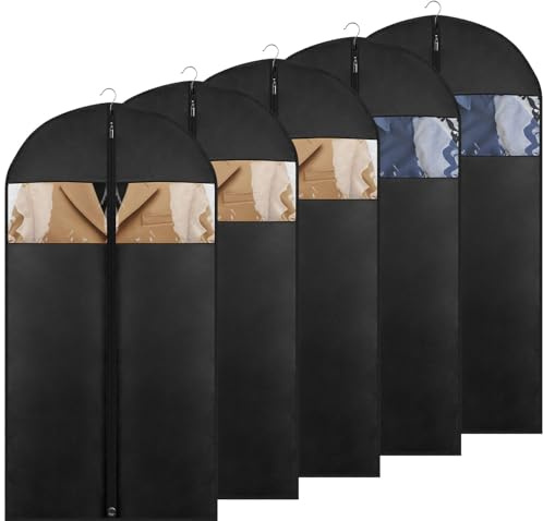 Moucas 43 Suit Bags for Closet Storage and Travel, Garment Bags for Hanging Clothes, Suit Garment Bag for Men, Black Suit Cover Bags with Clear Window for Coats, Jackets, Shirts（5 Packs）