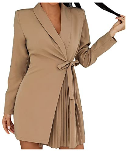 Outdoor Winter Jacke Damen Lässiges, Elegantes Kleid für Damen, einfarbig, langärmelig, mit Taillenbindung, plissiert Karierte Kleider Damen (Khaki, S)