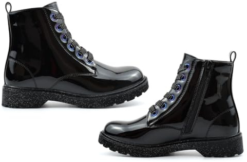 Girls School Boots Girls Boots Military Boot Combat Boot Womens Size 5 Ladies Size 4 School Shoes Ankle High Side Zip Glitter Detail Sizes 9-5 Patent Black 2 UK