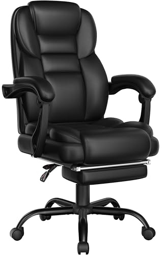 Yaheetech Poltrona Ufficio Ergonomica con Poggiapiedi Sedia da Ufficio in Finta Pelle con Schienale Reclinabile Bloccabile e Braccioli Imbottiti Rotelle Girevole Altezza Regolabile Nero