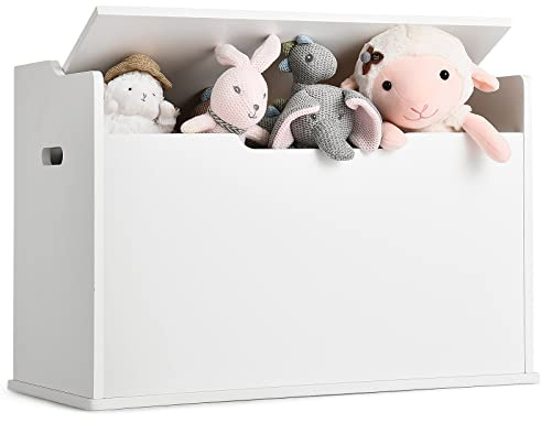 GYMAX Scatola Porta Giochi in Legno, Contenitore per Giocattoli con Coperchio Sollevabile, Panchina con Cuscino, Grande Capacità, Maniglie Incorporate, 74 x 39 x 52 cm (Bianco)