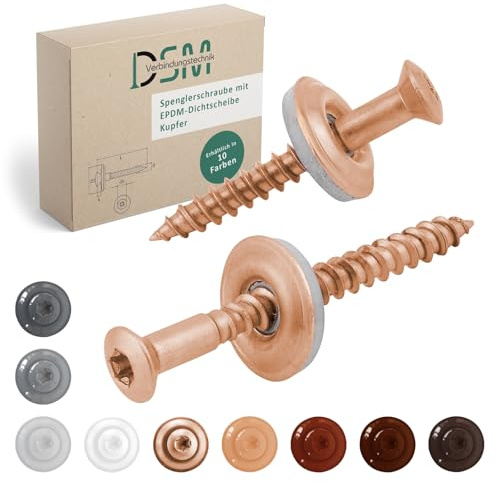 DSM | Viti per lattoniere color rame 4,5 x 40 mm | acciaio inox A2 – rivestite | con guarnizione EPDM (15 mm) | trasmissione TX | simile a DIN 7995 / DIN 9171 | viti per tetto, vite per lamiera