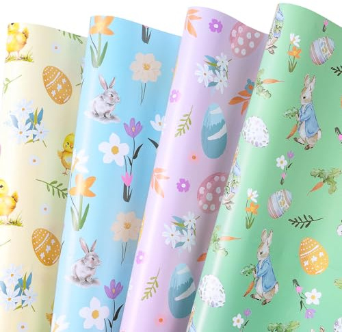 RUSPEPA Fogli Di Carta Da Regalo Per Pasqua - Motivi Con Fiori Selvatici/Coniglietti/Pulcini/Uova, Confezione Regalo Primaverile Perfetta, 12 Fogli Piegati Da 50X70 Cm