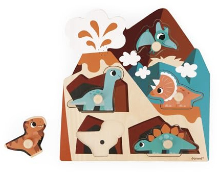 Janod - Puzzle sonoro in legno Dino - 5 pezzi che attivano i versi dei dinosauri - Sviluppa la motricità e l'udito - Dai 18 mesi