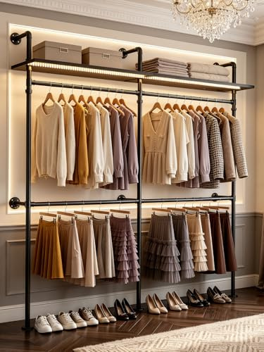 iSunirm Armario Abierto de Pared con LED y Estantes, Perchero Industrial Resistente 202 x 40 x 230 cm, Barra Perchero de Tubos Metálicos para Dormitorio, Vestidor y Entrada, Negro