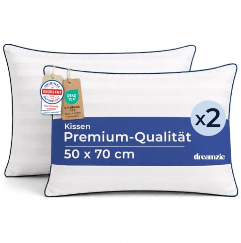Dreamzie Almohada 50x70 cm Juego de 2, Confort Hotel de Lujo - Cojines Cama Mullida, Cojin Suave - Almohadas Lavables, para Todas Las Posiciones al Dormir - Oeko-Tex