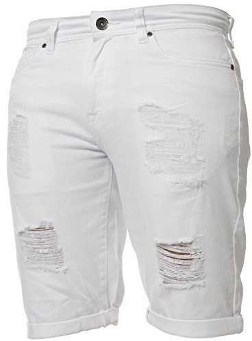 Enzo Short Bermuda Hommes en Jean Denim Stretch Skinny Longueur Genou Déchiré - Blanc - 32 taille x ordinaire