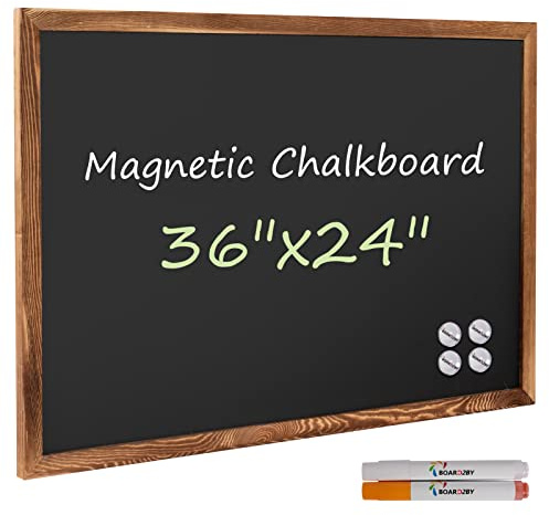 Board2by Rustic Wood Framed Magnetic Chalkboard 24 x 36, Large Hanging Chalk Board Sign for Kids, Non-Porous Wall Blackboard for Wedding Kitchen Restaurant Menu and Home with 4 Unique Magnets, Brown