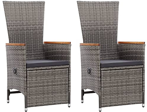 vidaXL 2X Garten Liegestuhl mit Auflagen Gartenstuhl Relaxstuhl Sessel Sonnenliege Hochlehner Stuhl Gartensessel Gartenmöbel Poly Rattan Grau