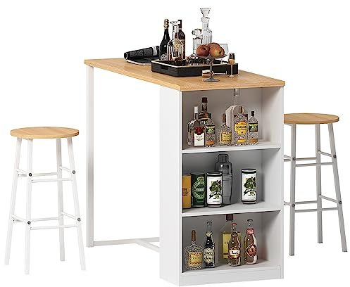 DlandHome Tavolo da bar con 3 armadietti di stoccaggio+ 2 sgabelli alti set per bar da 3 pezzi per 2 persone tavolo da pranzo per cucina/sala da pranzo/soggiorno in teak / bianco