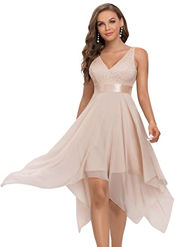 Ever-Pretty Vestiti da Damigella Senza Maniche con Scollo a V Stile Impero Linea ad A in Pizzo Chiffon al Ginocchio con Orlo Asimmetrico da Donna Arrossire 48