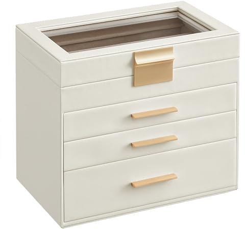 SONGMICS GISELLA Collection - Jewelry Box Organizer, 4-Layer Jewelry Storage with 3 Drawers, Shiny Metal Hardware, Glass Lid, Modern, 6 x 9.9 x 8.5 Inches, Cloud White and Gold Color UJBC161W01