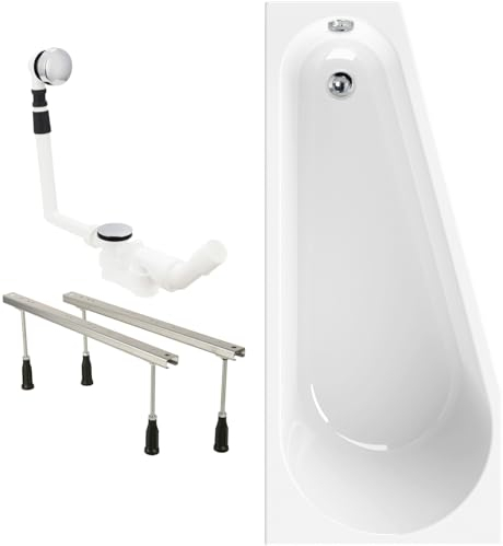 Calmwaters® Raumsparende Eckbadewanne 160x70 cm Essential Small, Made in EU, 3in1 Acryl-Badewanne mit Wannenfüßen & Ablaufgarnitur, platzsparende Badewanne rechte Ausführung, 160 x 70 cm, Weiß