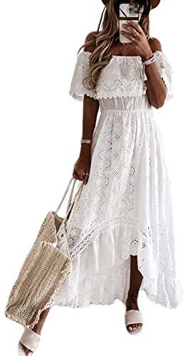 tinetill Robe d'été Robes de Plage pour Femmes sans Manches col en v rétro été Dentelle Maxi Robes Boho Longue Robe d'été Ample élégante Robe décontractée A-Ligne