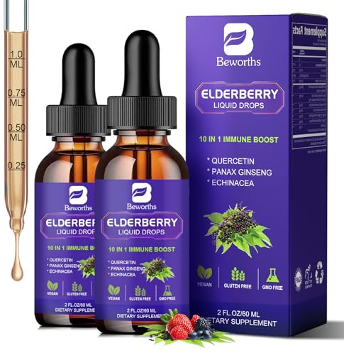 B BEWORTHS 2 Pack Elderberry Syrup, Black Elderberry Drops with Quercetin, Panax Ginseng, Vitamin C and Zinc, Sambucus Elderberry Syrup Liquid for Immune Support, Vegan, Non-GMO & Gluten Free