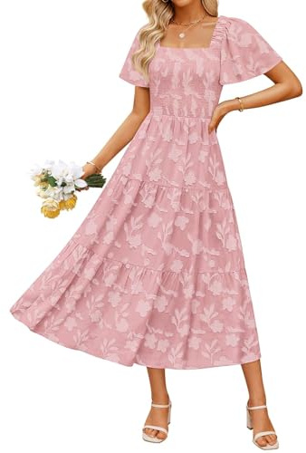 ZESICA Women‘s Summer Boho Floral Midi Dress 2026 Casual Short Sleeve Square Neck Flowy Beach Vacation Long Dress,Pink,Small