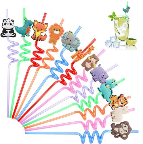 12 Cannucce Riutilizzabili in Plastica Colorate per Feste di Compleanno - Decorazioni per Bambini con Animali (12 Pezzi)
