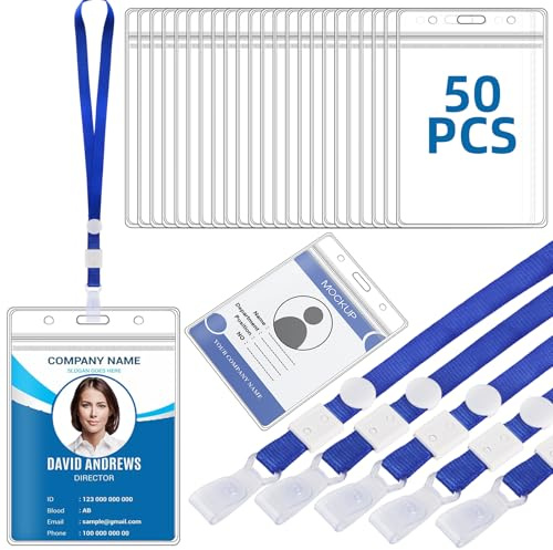 50 stycken A6-ID-kortshållare, 11 x 16 cm vattentät ID-fodral med band, med justerbart spänne, transparent PVC-kortfodral vertikal ID-korthållare, för anställda studenter utställningar (blå)