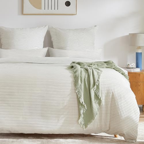 SOULFUL Copripiumino 220 x 240 in cotone con 2 federe 65 x 65 cm, motivo a righe nere e bianche, 100% cotone lavato, certificato Oeko-TEX, set da letto matrimoniale 220 x 240 cotone con cerniera