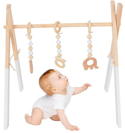 1 Set Wooden Baby Gym | Baby Crib Activity Gym Standing Toy | Play Arch Activity Center | with 3 Wooden Grasping Toys | Early Development Toys for Nursery Room, Room, Living Room