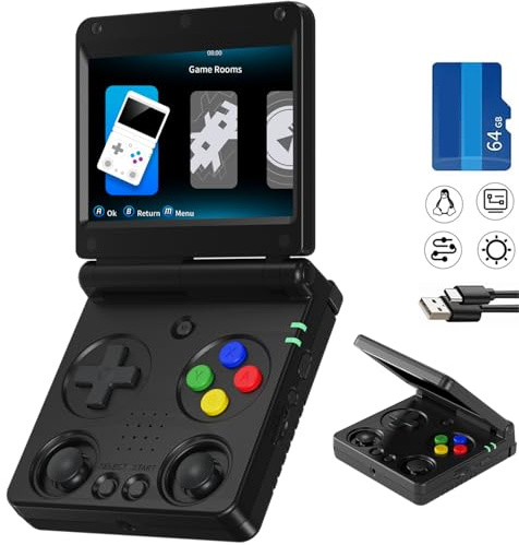Retro Handheld Game Console, RG34XXSP Linux Gaming Device with 3.4 IPS Screen, WiFi & Bluetooth, 3300mAh Battery – Portable Emulator for Classic Games (64GB, Black)