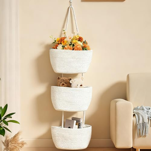 Cestino da Appendere Sopra la Porta, 3 Ripiani in Cotone Intrecciato da Parete, Cestino Sospeso a 3 Livelli, Cesto Decorativo da Appendere per Camera da Letto, Bagno e Soggiorno