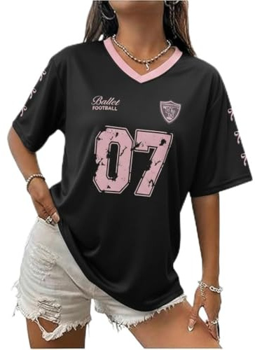 Zidoley Jersey Tops for Women, y2k Fashion Ladies Oversized t Shirts, V Neck Sports American Football/Baseball Jersey, Number Summer Varsity Top