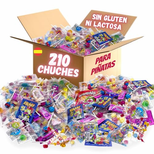 Mega Pack 210 Aprox Chuches Cumpleaños. Chuches Relleno Piñata. Sin Gluten Sin Lactosa. Bolsa para Cumpleaños. Gominolas. Golosinas. Pack Relleno Piñatas Infantiles. (Mix 210pcs)