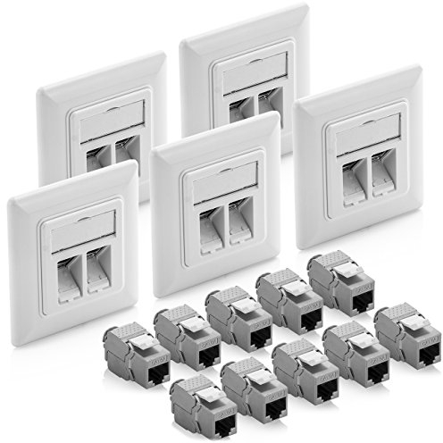 deleyCON 5x Keystone Dose Netzwerkdose Datendose Unterputz + 10x CAT 6a Keystone Jack Modul RJ45 Buchse - CAT Netzwerk Verlegekabel vollgeschirmt Weiß