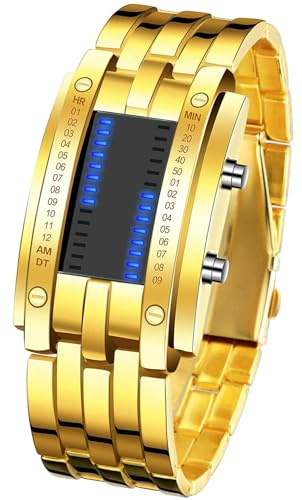 Gosasa Men's LED Digital Wrist Watch Futuristic Binary Display Stainless Steel Bracelet Waterproof Tech Style Watch for Casual & Fashion Wear (Gold)