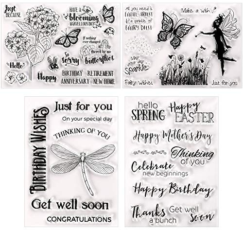 4 Pieces Clear Stamps Summer Silicone Stamp Cards with Flower, Butterfly, Dragonfly, Greeting Words Pattern for Card Making Decoration and DIY Scrapbooking Embossing Album Decor Craft