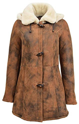 Womens Real Sheepskin Duffle Coat Detachable Hoodie Parka Ellen Vintage Brown
