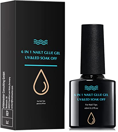 6 in 1 Nagelkleber Extra Stark 8ml,Gel Nagelkleber Für Klar Tips Kunstnägel,Tip Kleber Für Gelnägel UV Kleber,Nail Glue Gel mit Pinsel -Brauchen Aushärtung under UV nagellicht
