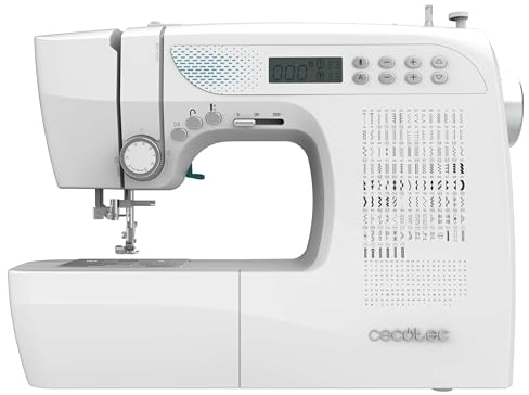 Cecotec Machine à coudre électronique BelleCouture 21500. Machine à coudre avec 215 points, écran LCD, bras libre, enfilage et bobinage automatiques, idéale pour projets créatifs et avancés.