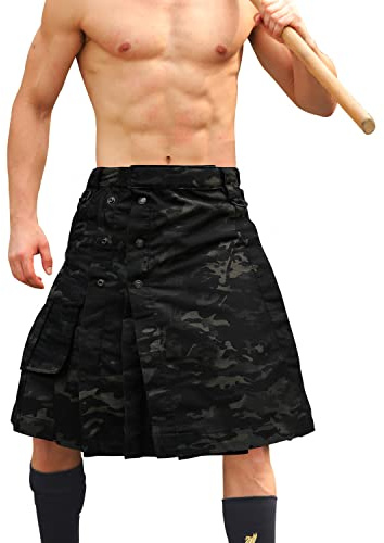 VATINNT Men's Pleated Utility Kilt Scottish Tactical Kilt | 23 Irish Highland Camo Kilt with Cargo Pockets