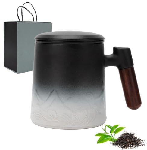 LOMUG Teetasse mit Deckel und Sieb, 450ML Gross Teebecher mit Siebeinsatz Keramik Losen Teetassen für den Täglichen und Bürogebrauch, Geschenke für Papa Opa Familie und Freunde Einweichen